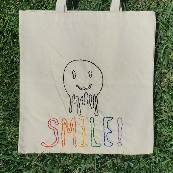 Hand Embroidered Smile Tote Bag - Picture 1 of 1